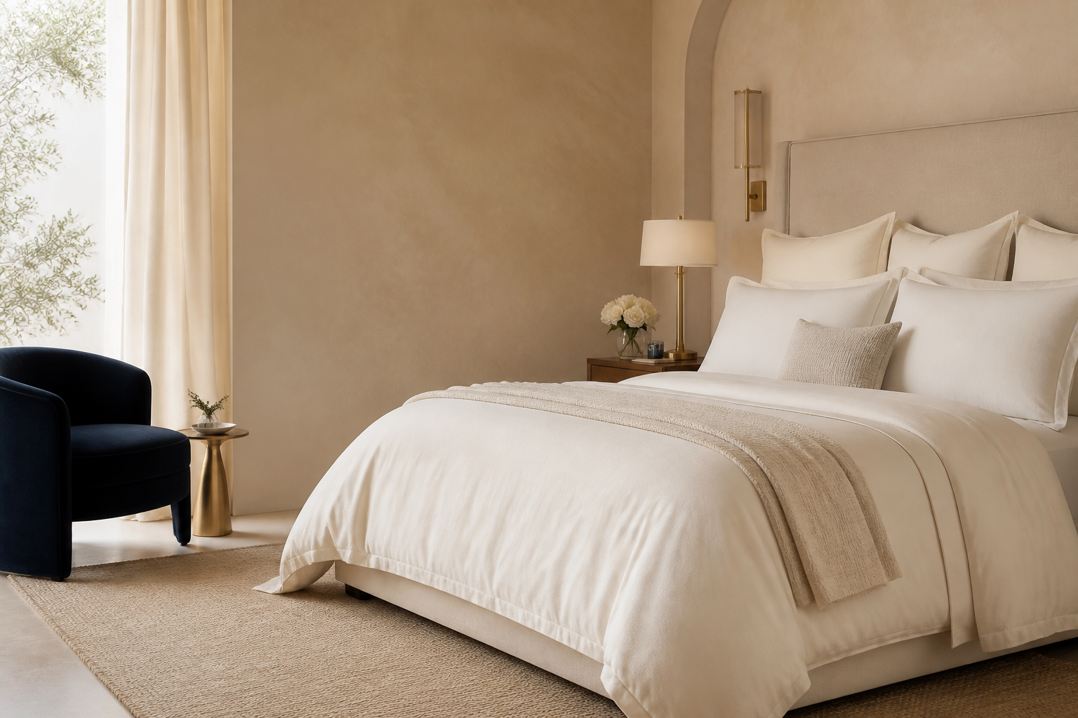 An inviting bed dressed in premium ivory bedding