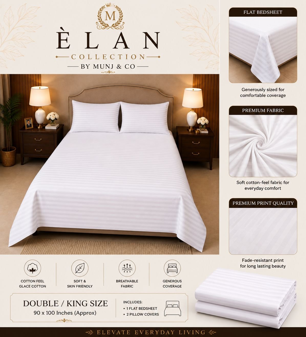 Ivory Pinstripe Elan Double bedsheet