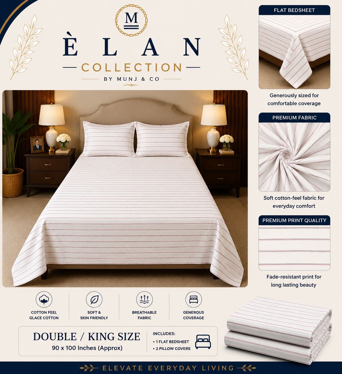 Blush Fine Stripe Elan Double bedsheet