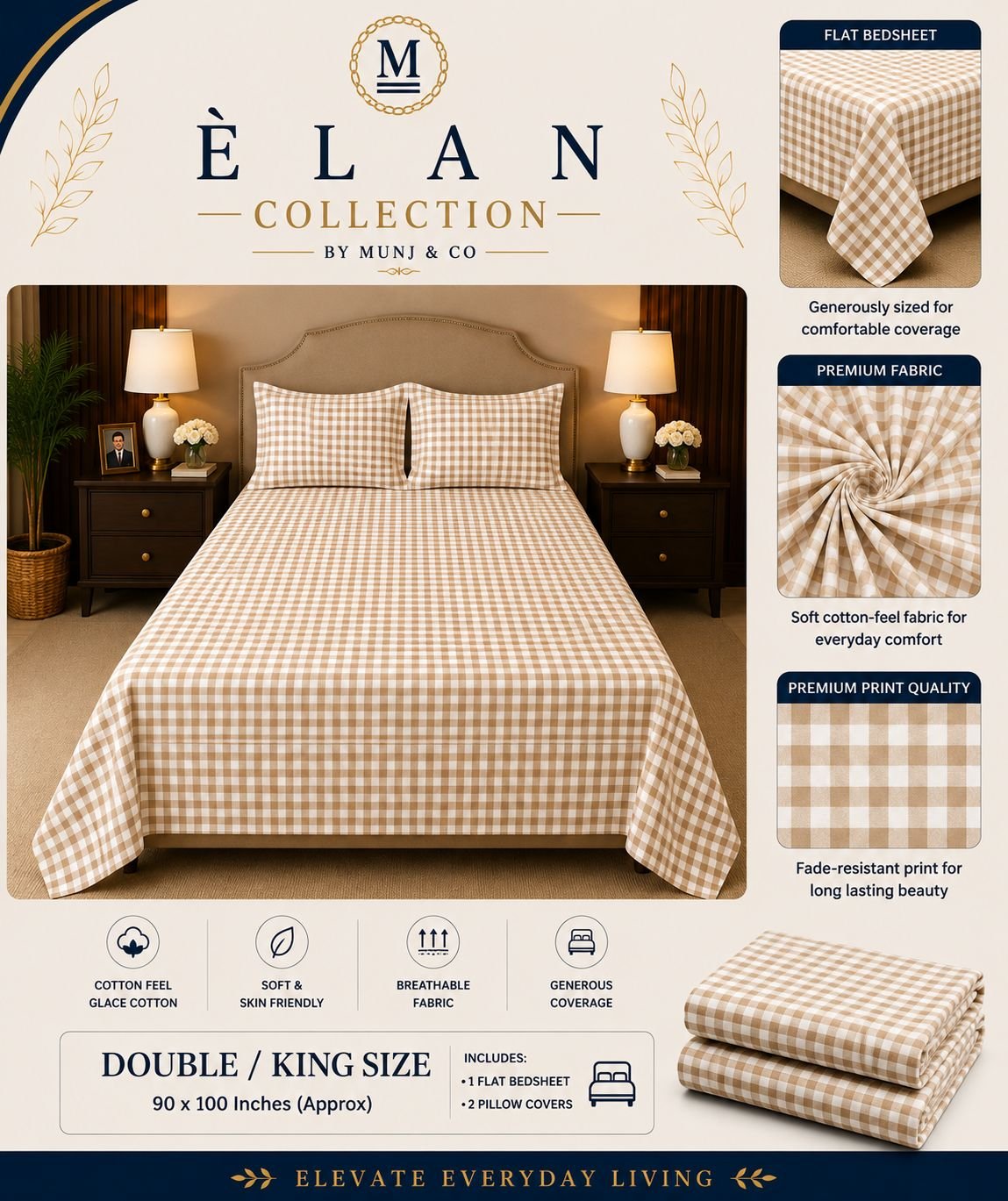 Biscuit Gingham Elan Double bedsheet