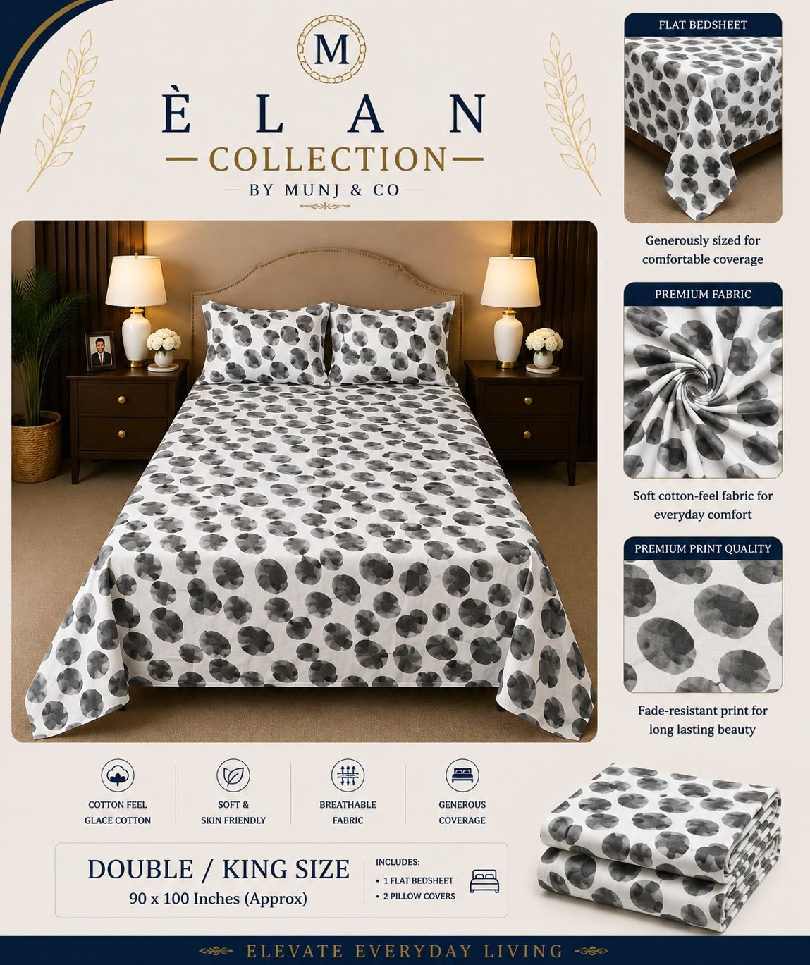 Monochrome Pebble Elan Double bedsheet