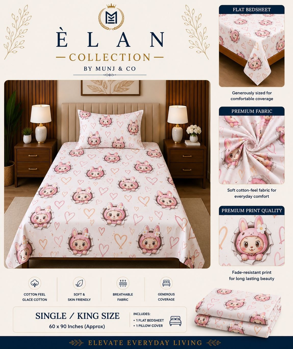 Bunny Hearts Elan Single bedsheet