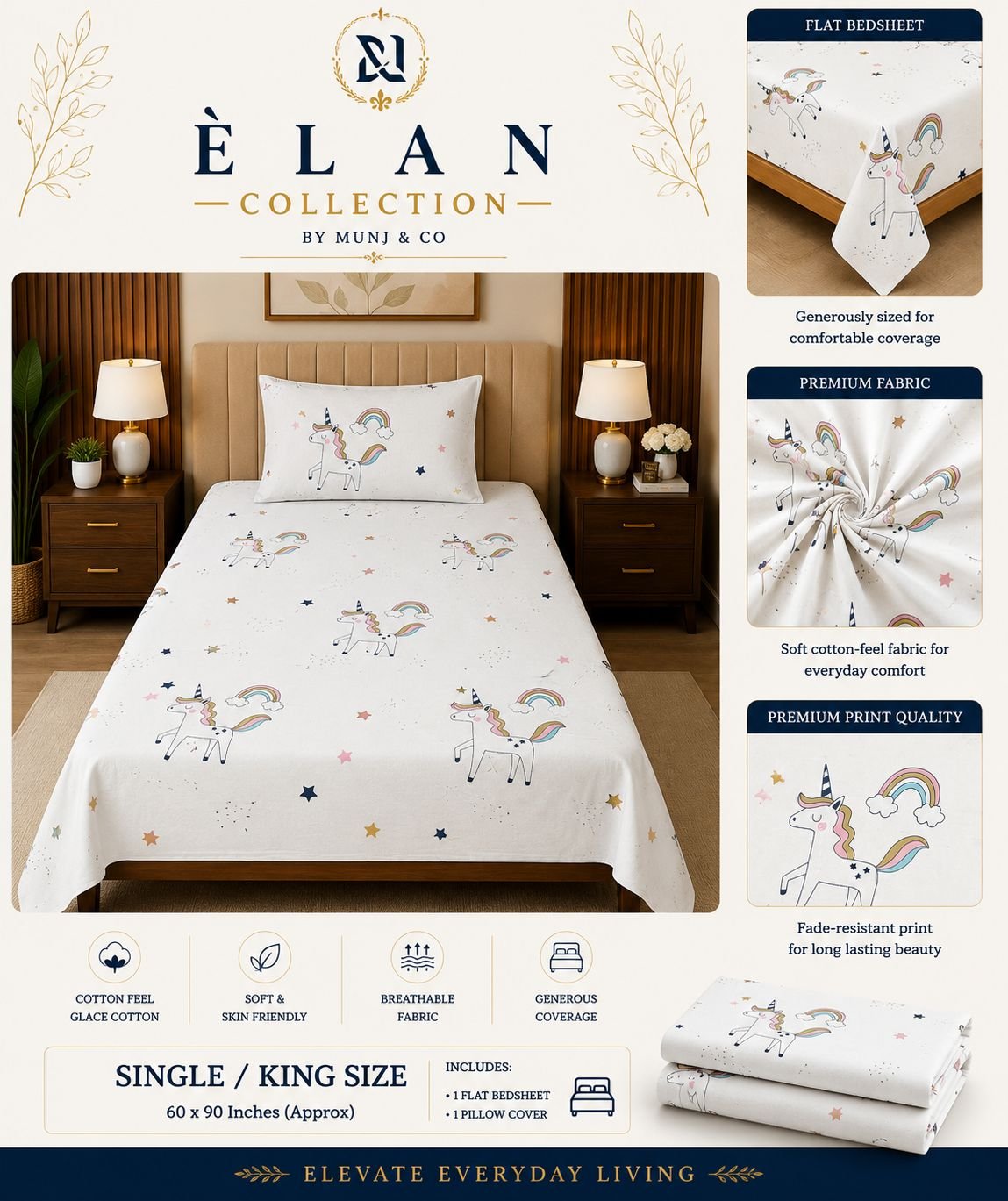 Rainbow Unicorn Elan Single bedsheet