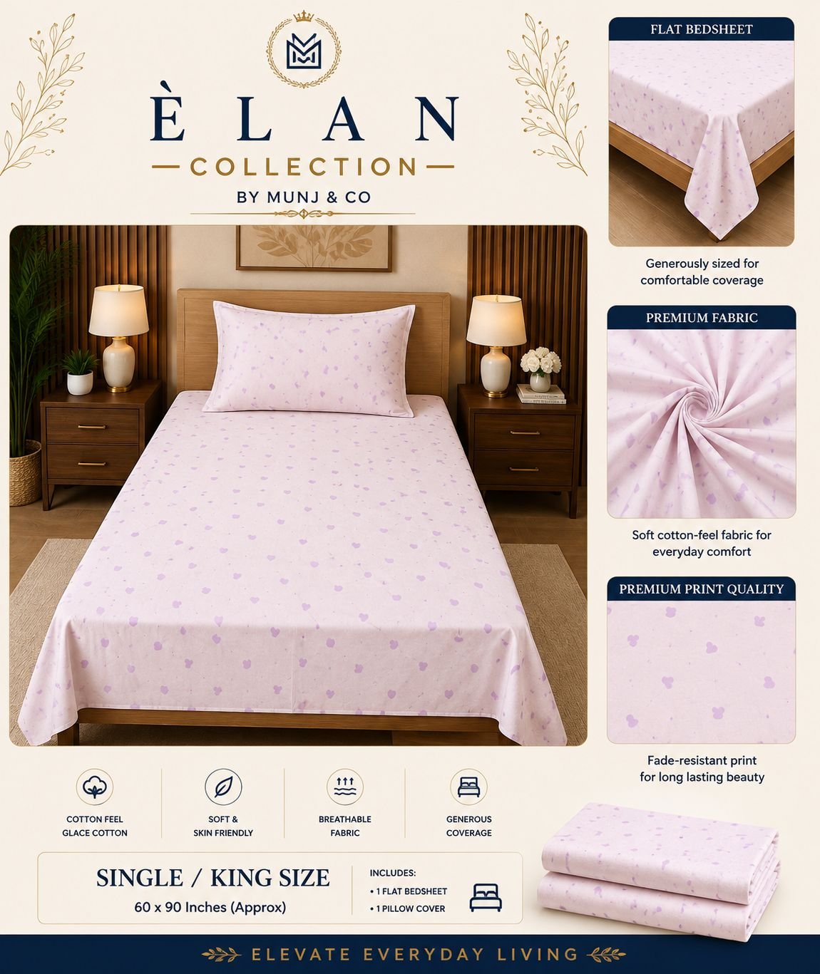 Lilac Hearts Elan Single bedsheet